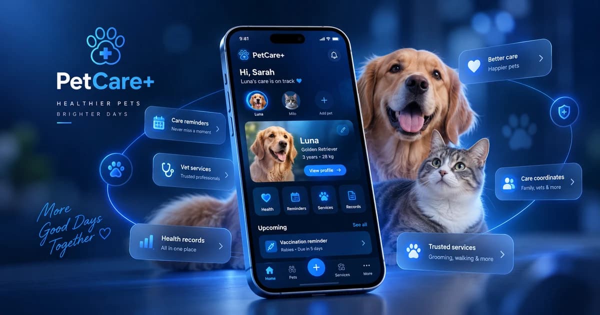 Illustrative PetCare Plus mobile and web marketplace showcase