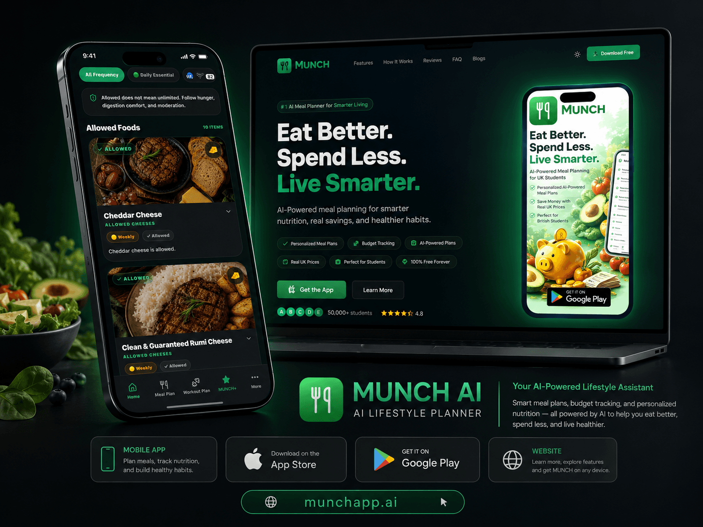 MUNCH AI mobile app and website showcase